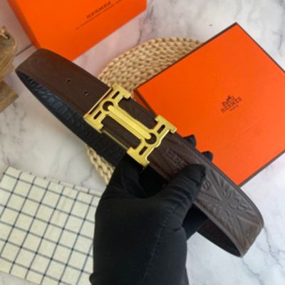 1:1  Hermes  Chocolate&Black Leather Belt  with Gold buckle  Buckle Like a Lock 3.8cm